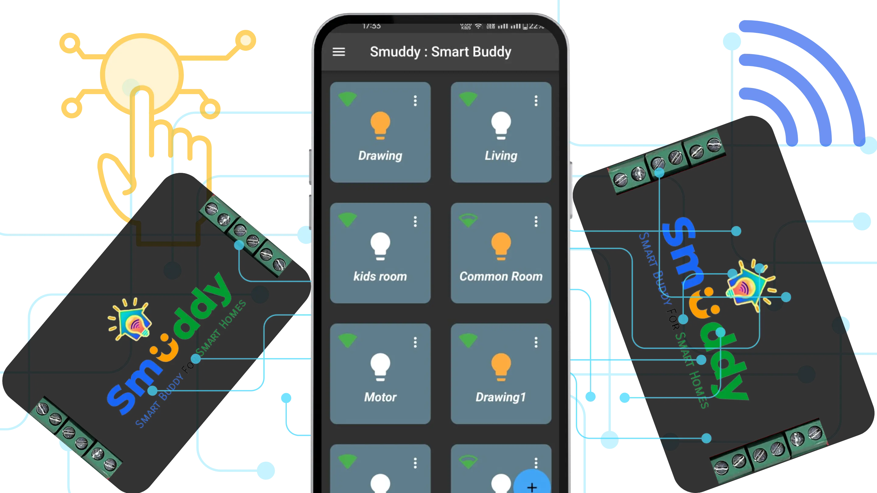 Smuddy Smart Buddy's Hero Image showing simple and easy to use Smuddy mobile app interface and Smuddy Smart Buddy devices